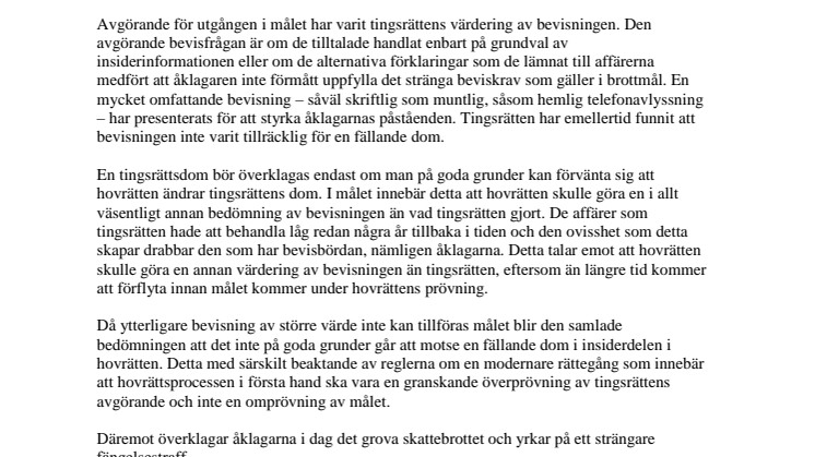 Ekobrottsmyndigheten överklagar ej domen i det stora insidermålet