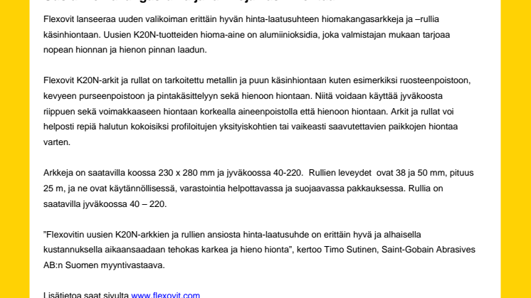 Uusia hiomakangasrullia ja -arkkeja käsinhiontaan