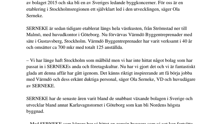 SERNEKE förvärvar Värmdö Byggentreprenader och rustar för expansion i Stockholm