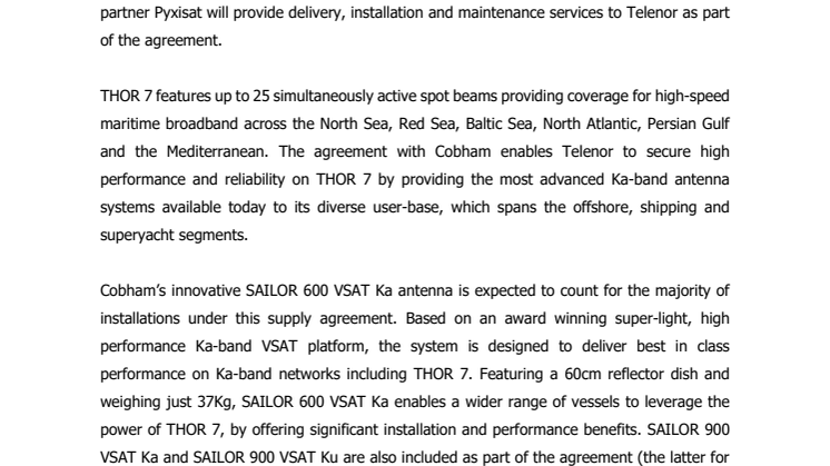 Cobham SATCOM: Telenor Satellite and Cobham sign THOR 7 Antenna Supplier Deal 