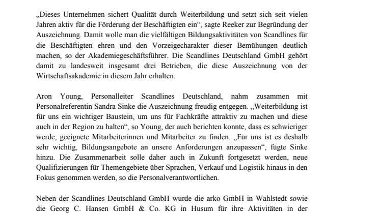 Scandlines für Weiterbildungsaktivitäten ausgezeichnet