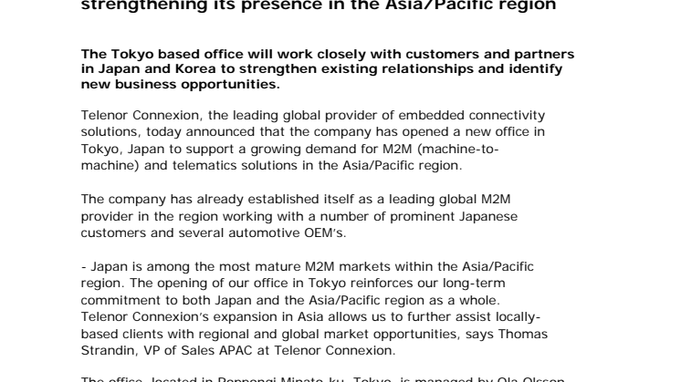 Telenor Connexion opens new office in Japan thereby strengthening its presence in the Asia/Pacific region