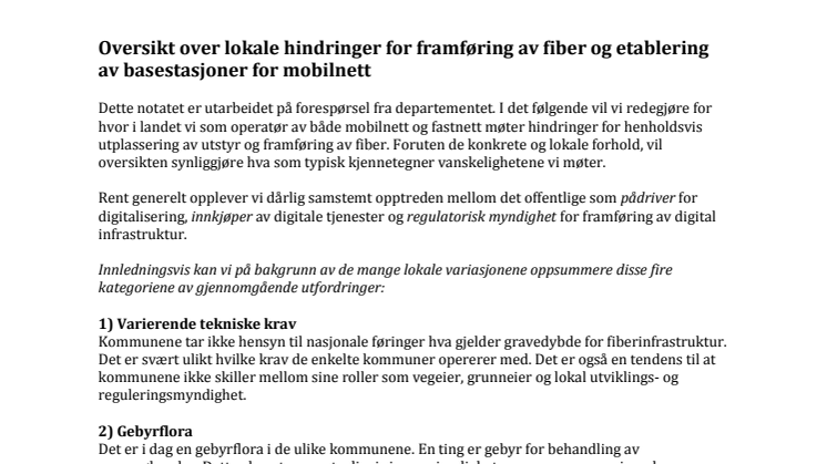 Brev til SD om lokale hindringer for framføring av fiber og etablering av basestasjoner