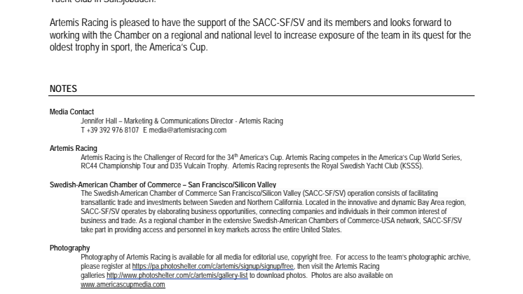 Swedish-American Chamber of Commerce in San Francisco/Silicon Valley to support Artemis Racing