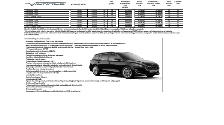 Ford Focus Vignale, hinnasto 28.5.2020