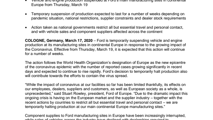 ​Ford lukker midlertidigt ned for europæisk bilproduktion