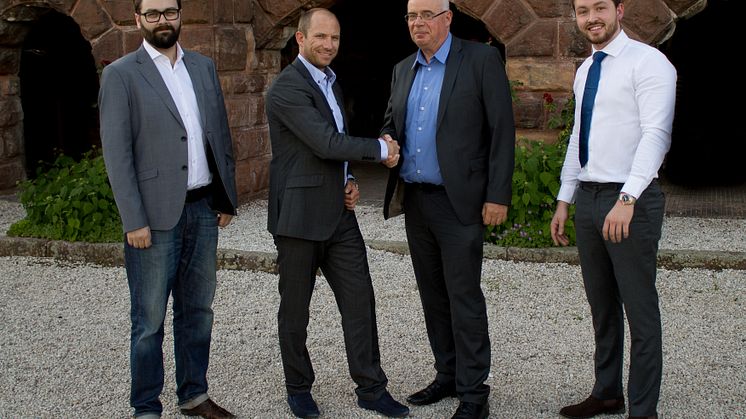 Venstre til høyre: Haakon Moss, Marketing/Branding Wellness Norge AS, Per Arne Ødegård, CEO Wellness Norge AS, Dirk Peters, Sales & Marketing Manager Wellness at Home, Moseley Dominic, Key Account Wellness at Home UK & N