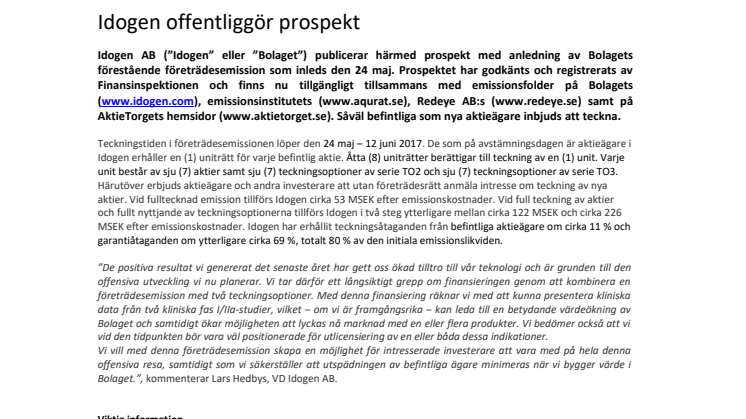 Idogen offentliggör prospekt
