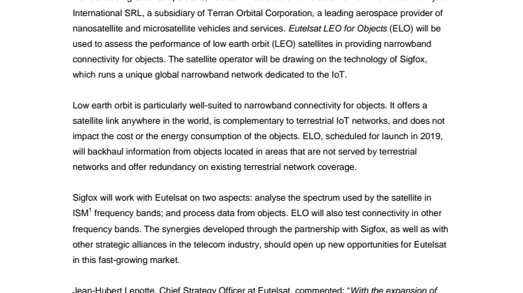 Eutelsat commissions ELO, its first low earth orbit satellite designed for the Internet of Things