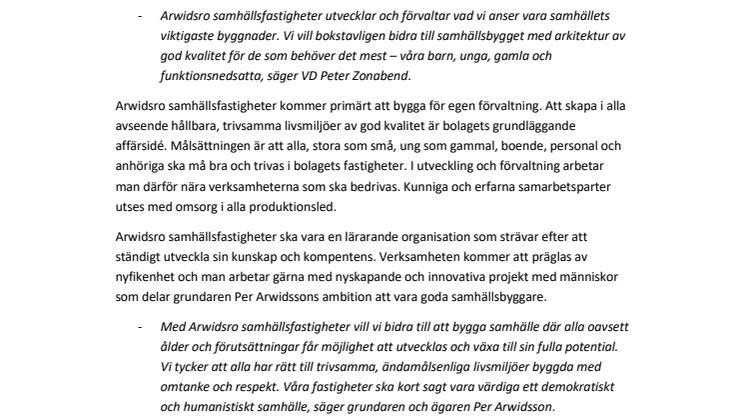 Arwidsro startar nytt affärsområde inom samhällsfastigheter