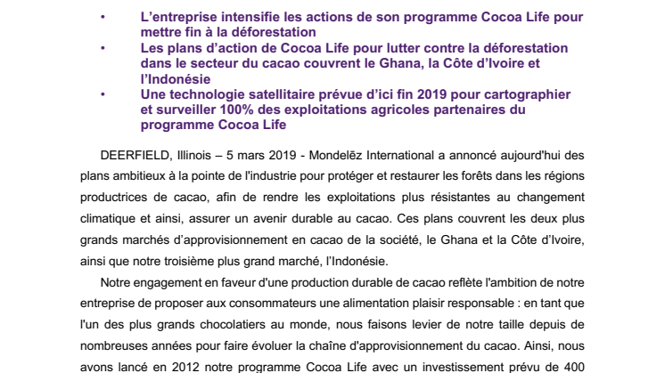 Mondelēz International étend son programme de lutte contre la déforestation dans les régions productrices de cacao
