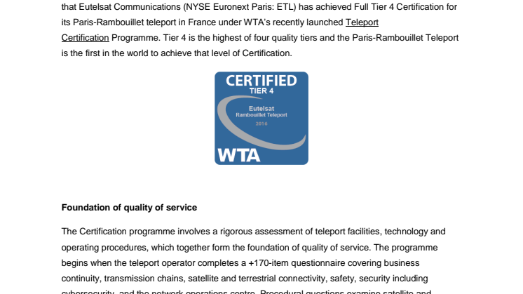 Eutelsat first in the world to achieve new quality certification from World Teleport Association (WTA)