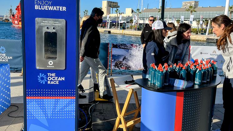 A Bluewater hydration station helps to hydrate fans as The Ocean Race gets underway in Alicante, Spain