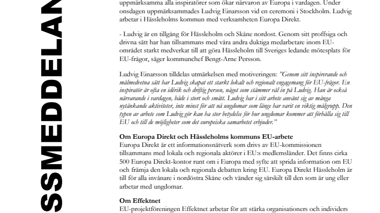 Ludvig Einarsson från Hässleholms kommun årets EU-inspiratör 2014