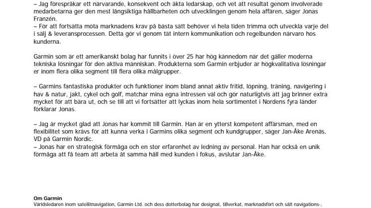 Jonas Franzén blir Nordic Sales Director på Garmin Nordic 