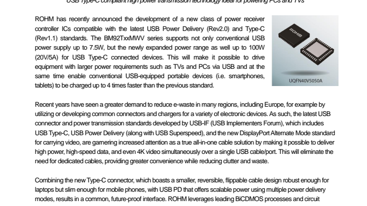 USB Type-C Power Delivery Controller IC -- USB Type-C compliant high power transmission technology ideal for powering PCs and TVs