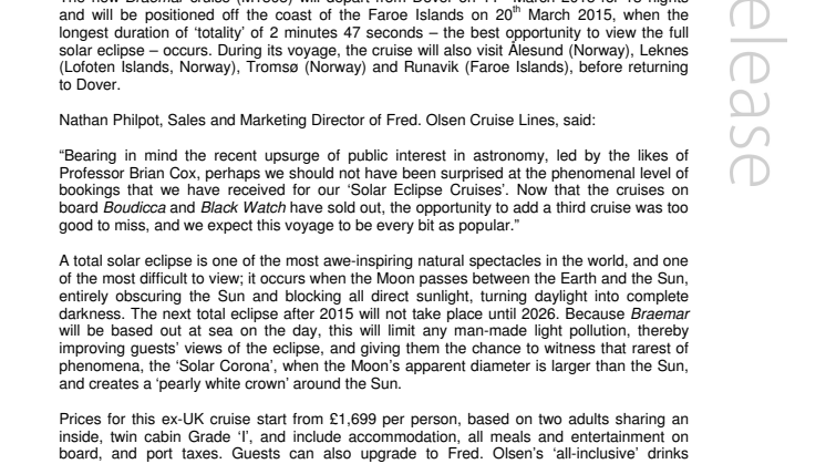 Fred. Olsen Cruise Lines adds a third ‘Solar Eclipse Cruise’  due to huge demand