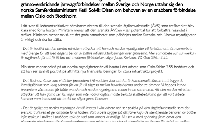 Norska Samferdselsministern positiv till att hitta nya lösningar för en snabbare järnvägsförbindelse mellan Oslo och Stockholm