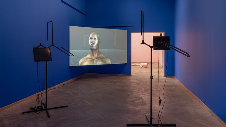 Sondra Perry, IT’S IN THE GAME ’18 or Mirror Gag for Projection and Two Universal Shot Trainers with Nasal Cavity and Pelvis (2018).