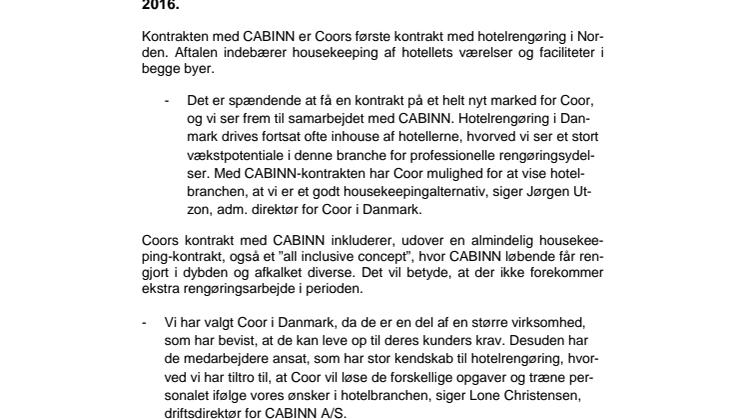 Coor har fået sin første hotelrengøringskontrakt i Danmark