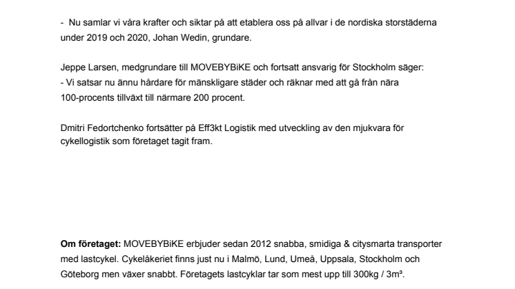 Cykelåkeriet MOVEBYBiKE konsoliderar och satsar på snabb expansion i Norden