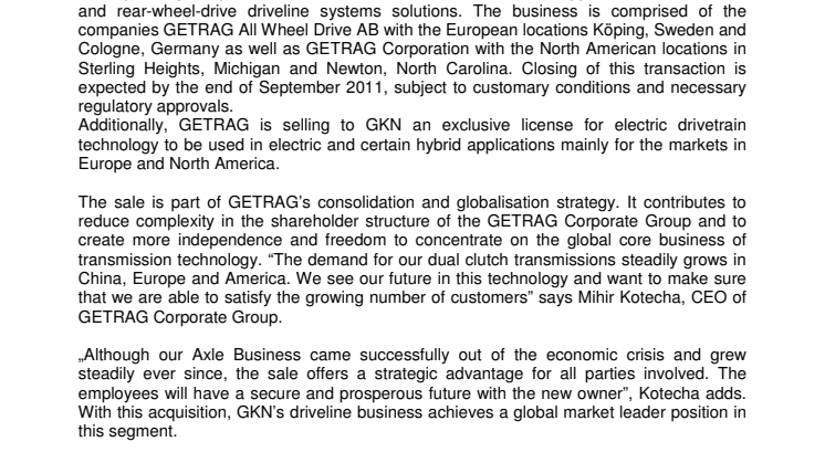 GETRAG sells its Axle Business