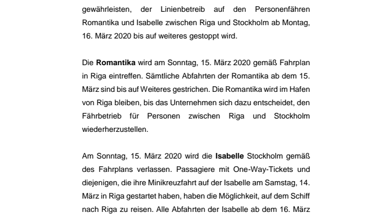 Tallink Silja stoppt Linienbetrieb auf Personenfähren zwischen Riga und Stockholm ab dem 16. März 2020