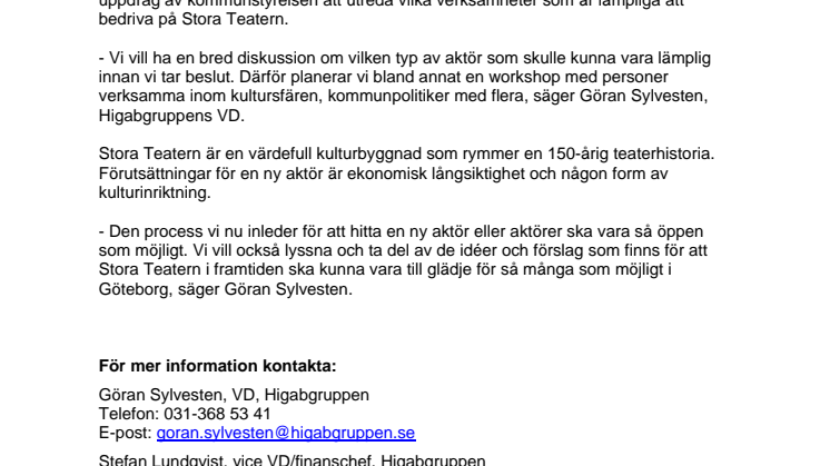 Sökes - Ny verksamhet till Stora Teatern