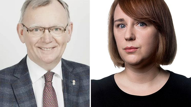 Lars Bäckström, tidigare landshövding i Västra Götaland, (Foto: Malin Johansson) och kulturjournalisten Hanna Fahl föreläser under caféet.