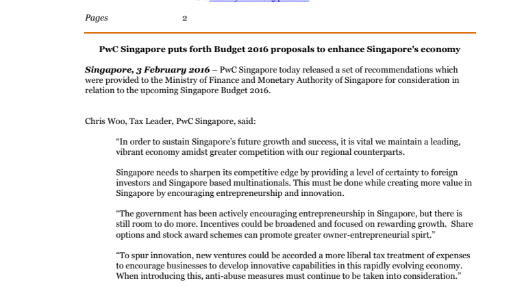 PwC Singapore puts forth Budget 2016 proposals to enhance Singapore's economy 