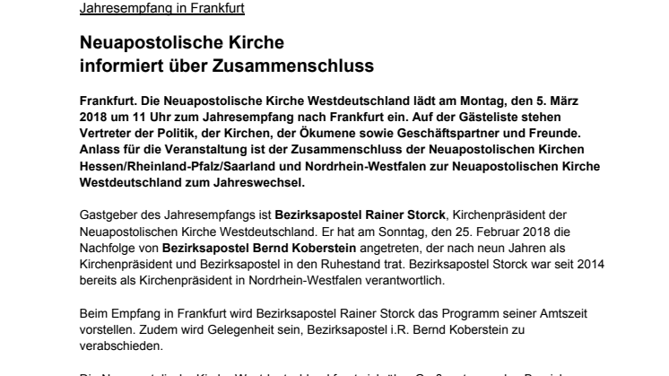 Neuapostolische Kirche lädt zum ​Jahresempfang nach Frankfurt