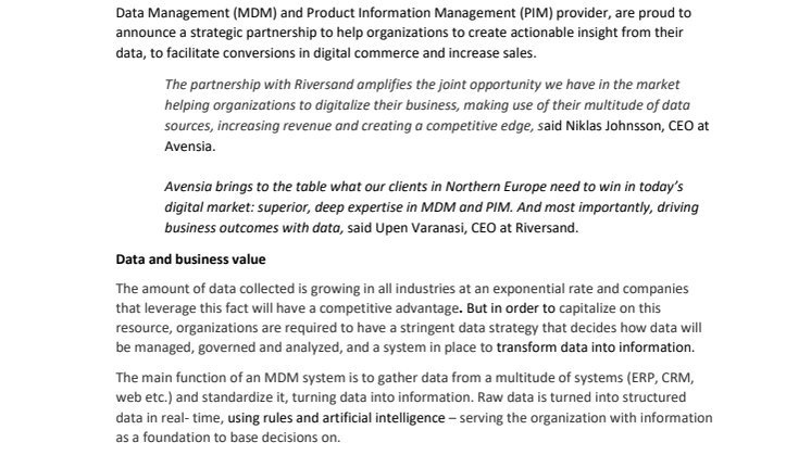 Avensia and Riversand Join Forces to Help Companies Create Insights from Data and Increase Sales