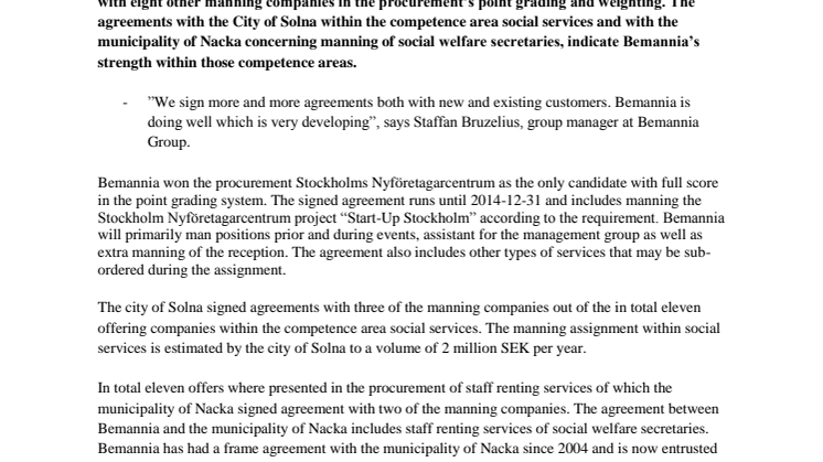 Bemannia signs agreement with Stockholms Nyföretagarcentrum (Stockholm’s Centre for Creation of New Business), the City of Solna and the municipality of Nacka 