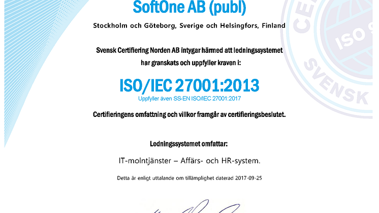 SOFTONE UPPFYLLER DE HÖGA KRAVEN FÖR CERTIFIERINGEN AV ISO27001 VID ÄNNU EN REVISION OCH KAN DÄRMED BEFÄSTA SIN POSITION SOM EN I SÄRKLASS SÄKER MJUKVARULEVERANTÖR.