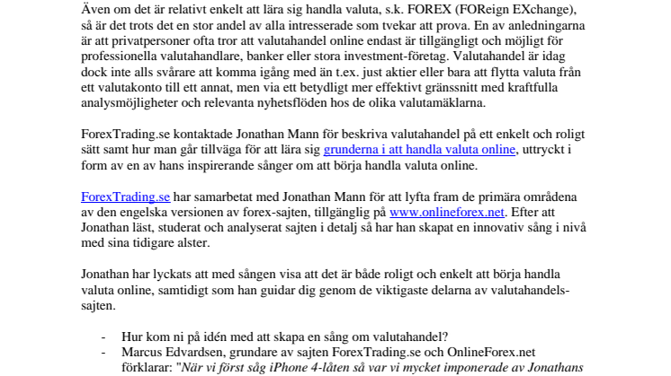 ForexTrading.se släpper musikvideo om valutahandel av Internetkändisen Jonathan Mann från YouTube