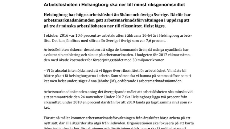 Arbetslösheten i Helsingborg ska ner till minst riksgenomsnittet