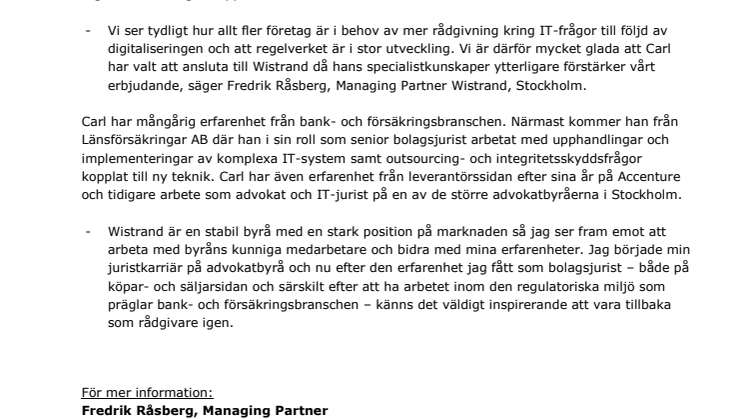 Wistrand rekryterar IT-rättsexperten Carl Näsholm