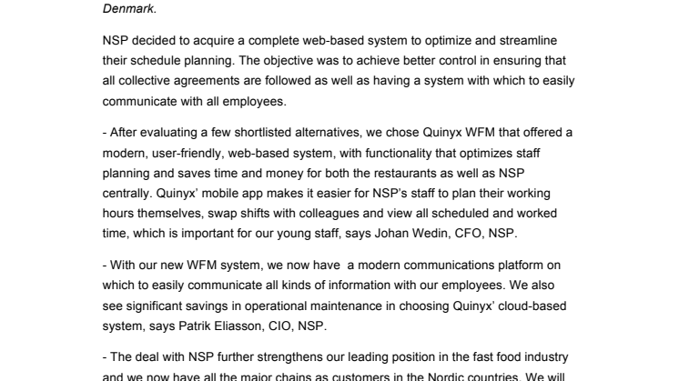 NSP, owner and operator of 55 Burger King restaurants in Sweden and Denmark, selects Quinyx Workforce Management for its 2 000 employees