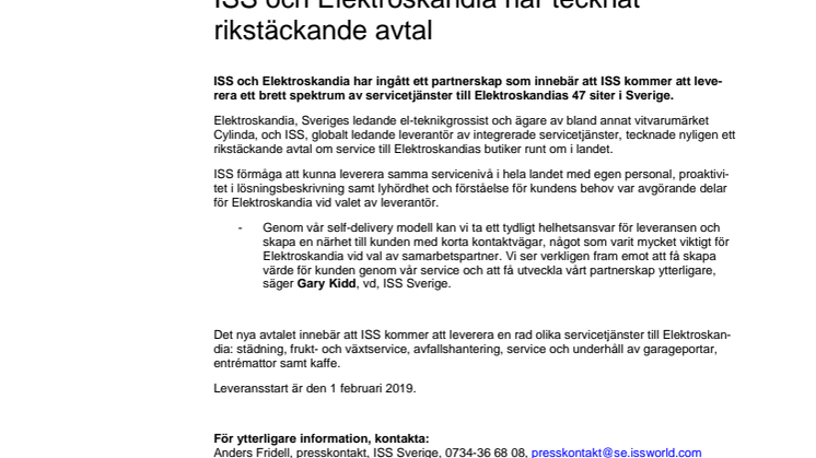 ISS och Elektroskandia har tecknat rikstäckande avtal 