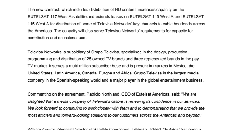 Televisa renews and expands capacity on Eutelsat satellites
