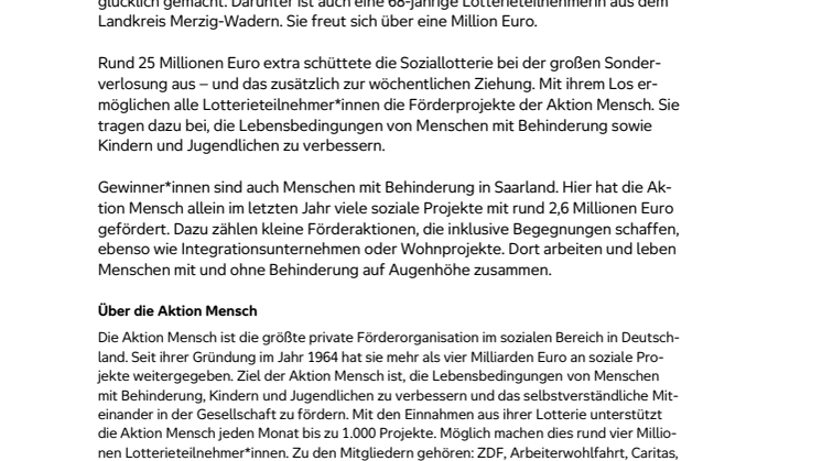 Landkreis Merzig-Wadern:  Glückspilz gewinnt 1 Million Euro bei der Frühjahrs-Sonderverlosung der Aktion Mensch