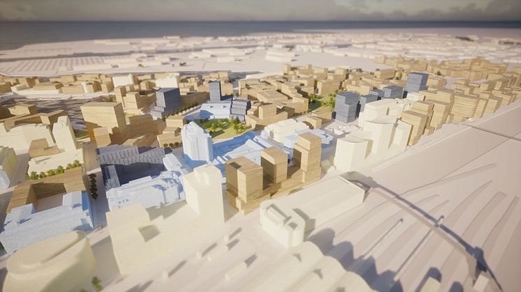 Nyhamnen, vy från sydväst/Malmö C. Mörkblå = Wihlborgs byggrätter. Ljusblå = Wihlborgs befintliga bestånd. Ljusbeige = Övriga befintliga byggnader. Mörkbeige = Övrig planerad bebyggelse. 