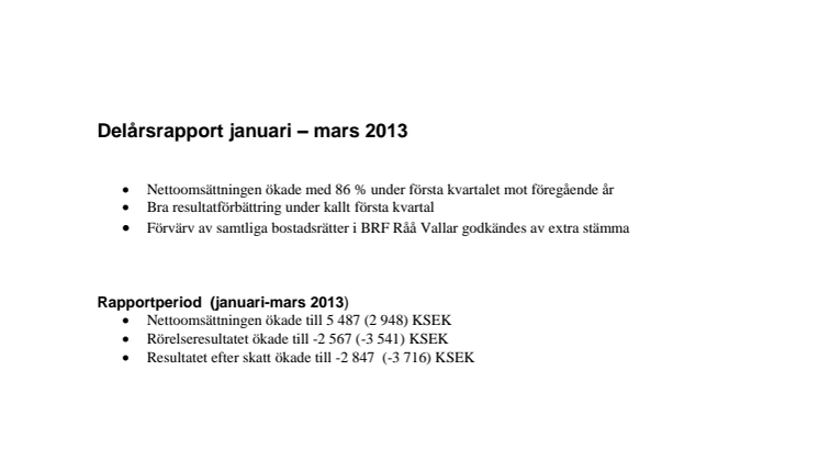 Delårsrapport januari - september 2013