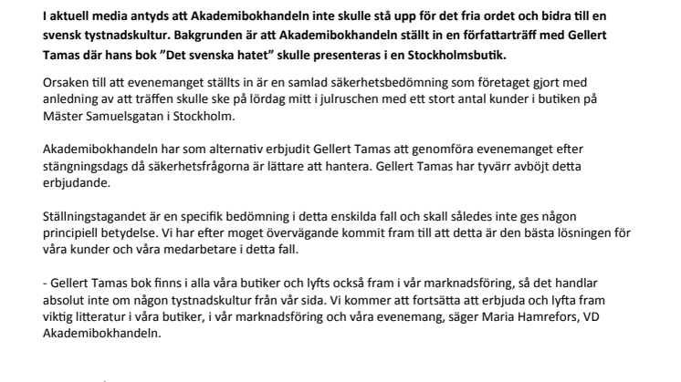 Akademibokhandeln kommenterar inställd författarsignering