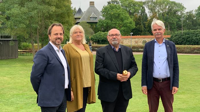 Jan Flemming Jensen, odlingschef Kiviks Musteri, Kristina Levinsson ägare Kiviks Musteri, Ibrahim Tahir forskare Sveriges Lantbruksuniversitet och mottagare av Guldäpplet 2020, Håkan Schröder dekan Sveriges Lantbruksuniversitet