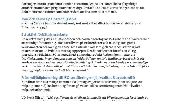 Rikshiss Service AB – certifierade enligt ISO 9001:2015, ISO 14001:2015 samt OHSAS 18001.