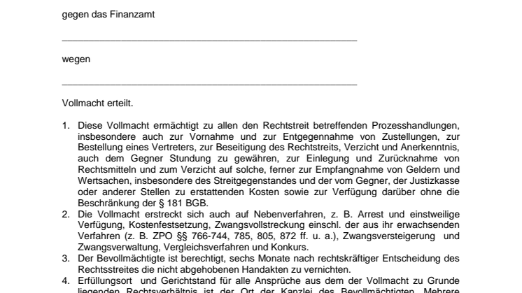ADVISA - Vertretungs- und Prozessvollmacht gegenüber Finanzämtern