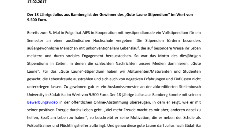 Der 18-Jährige Julius aus Bamberg ist der Gewinner des „Gute-Laune-Stipendium“ im Wert von 9.500 Euro.  