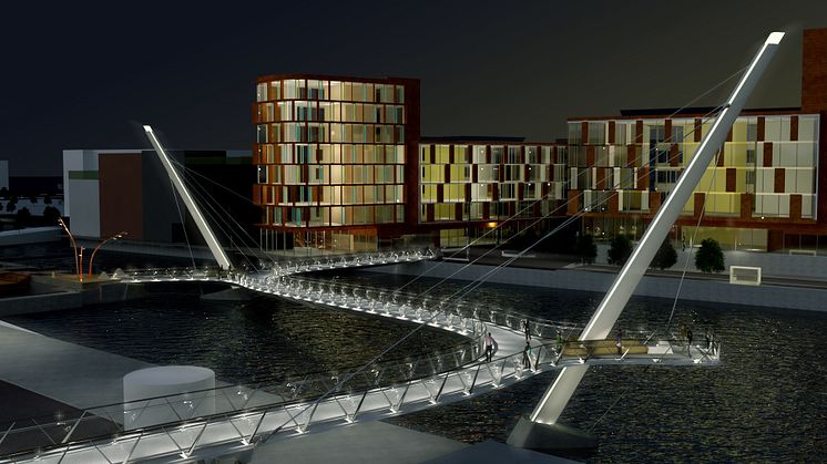 Gång- och cykelbron i centrala Helsingborg, här sedd från Helsingborg C mot Oceanpiren, svänger fram över hamnbassängen och får en anslutning till dockan (borta till vänster) och en utsiktsplats mot Danmarksbåtarna (till höger). Illustration: Ramböll