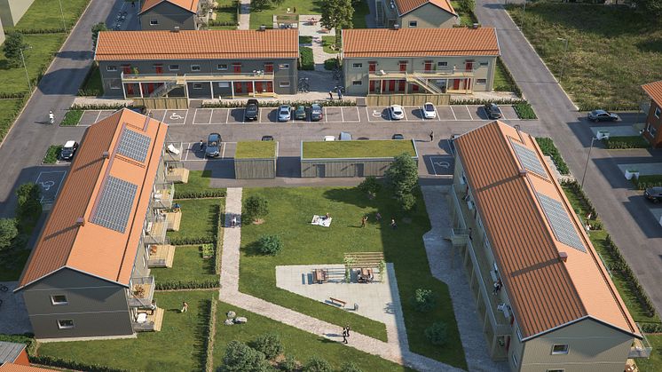 Översiktillustration av de kommande lägenheterna (BoKlok Pysslingen) på Telestadshöjden i Växjö. 
